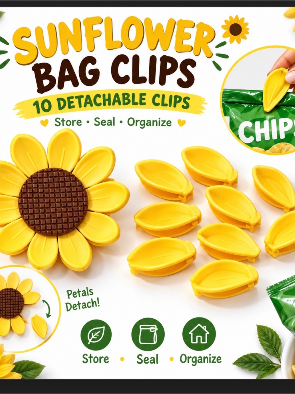 Sunflower Yellow Detachable Bag Clips